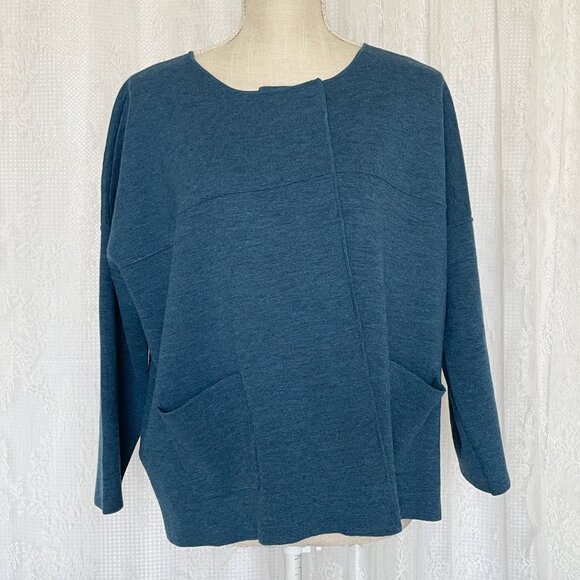 Eileen Fisher Women's Cardigan XL Wool Blue Open Front Boxy 3/4 Sleeve *FLAWS* - Picture 2 of 9